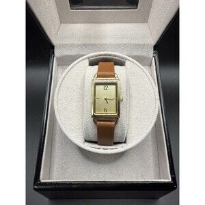FMD Rectangular Gold Analog Quartz Wristwatch Brown Faux Leather Strap